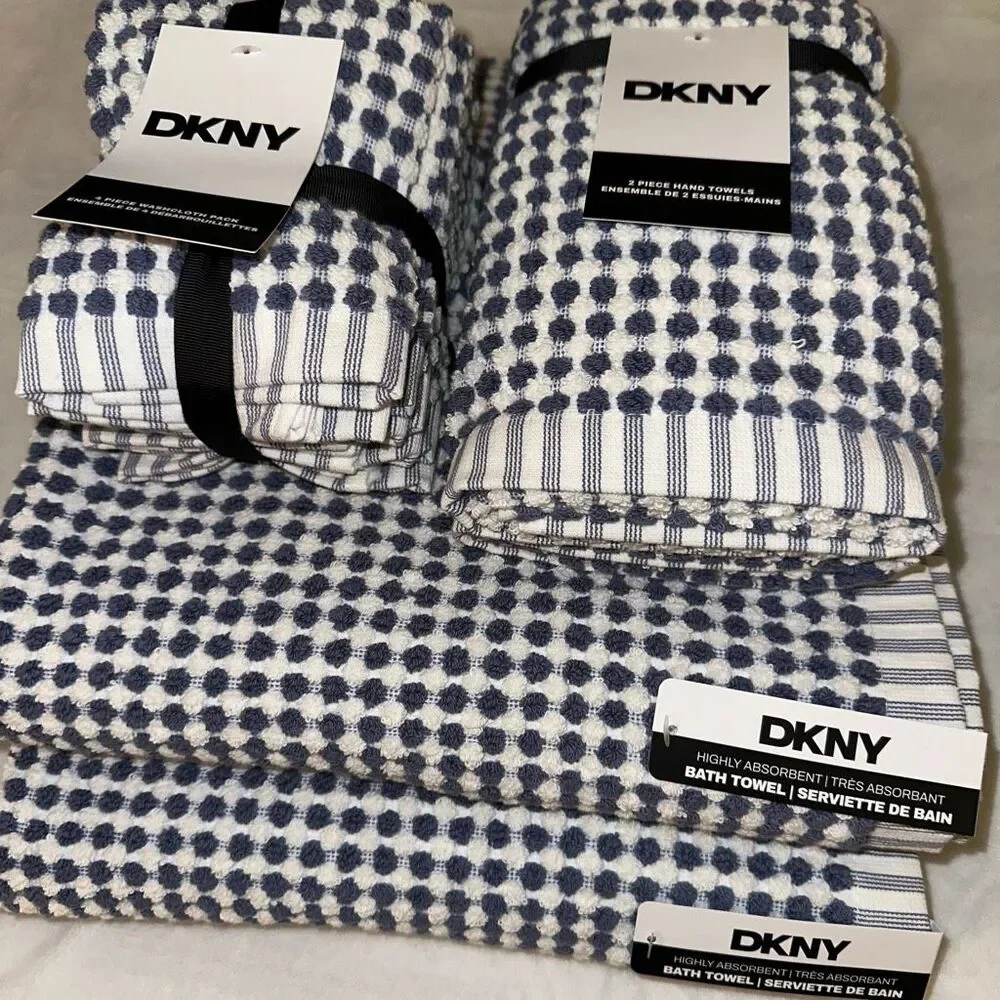 DKNY Bath Towel Set Dusty Navy Blue White Pattern 8 Pieces Total NWT